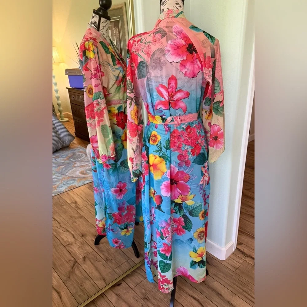 Ranee’s Tropical Floral Sheer Beach Cover-Up Kimono in Blue & Multicolor